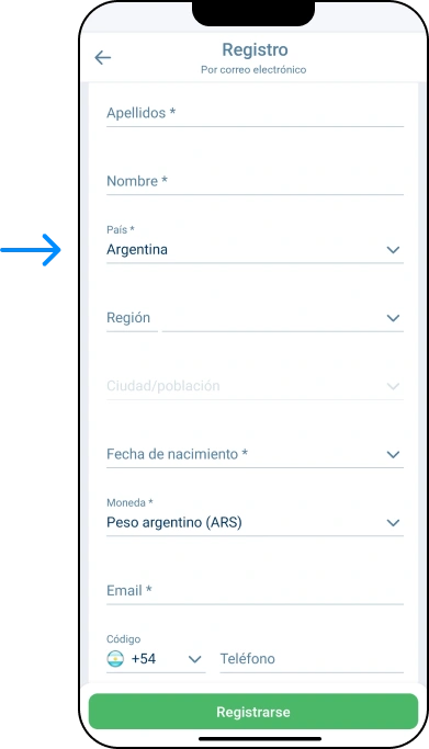 Elegir el método de registro - Por e-mail - App 1xbet Argentina