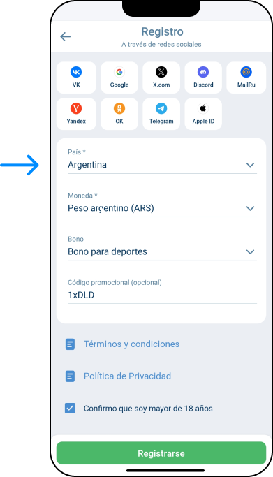 Elegir el método de registro - Por  redes sociales - App 1xbet Argentina