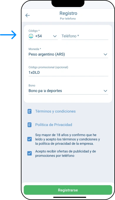 Elegir el método de registro - Por teléfono - App 1xbet Argentina