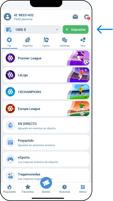 Realiza un depósito - App 1xbet Argentina