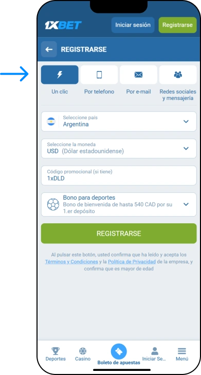 Registrarse en un clic - App 1xbet Argentina